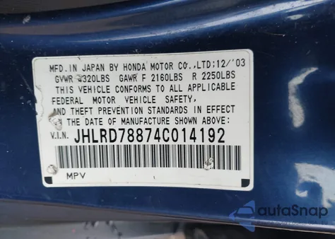 2004 Honda Cr-V Ex from USA, damaged, VIN JHLRD78874C014192